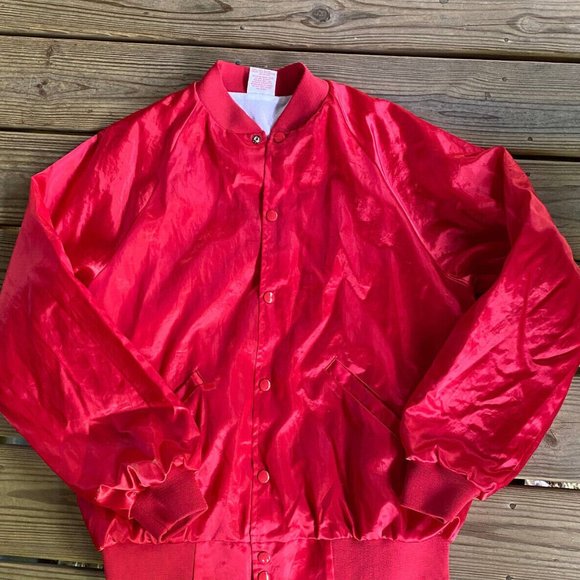 CARDINAL Vintage 50's 60's USA Made RED Satin Jacket Lined Windbreaker Sz.Large - Picture 3 of 15